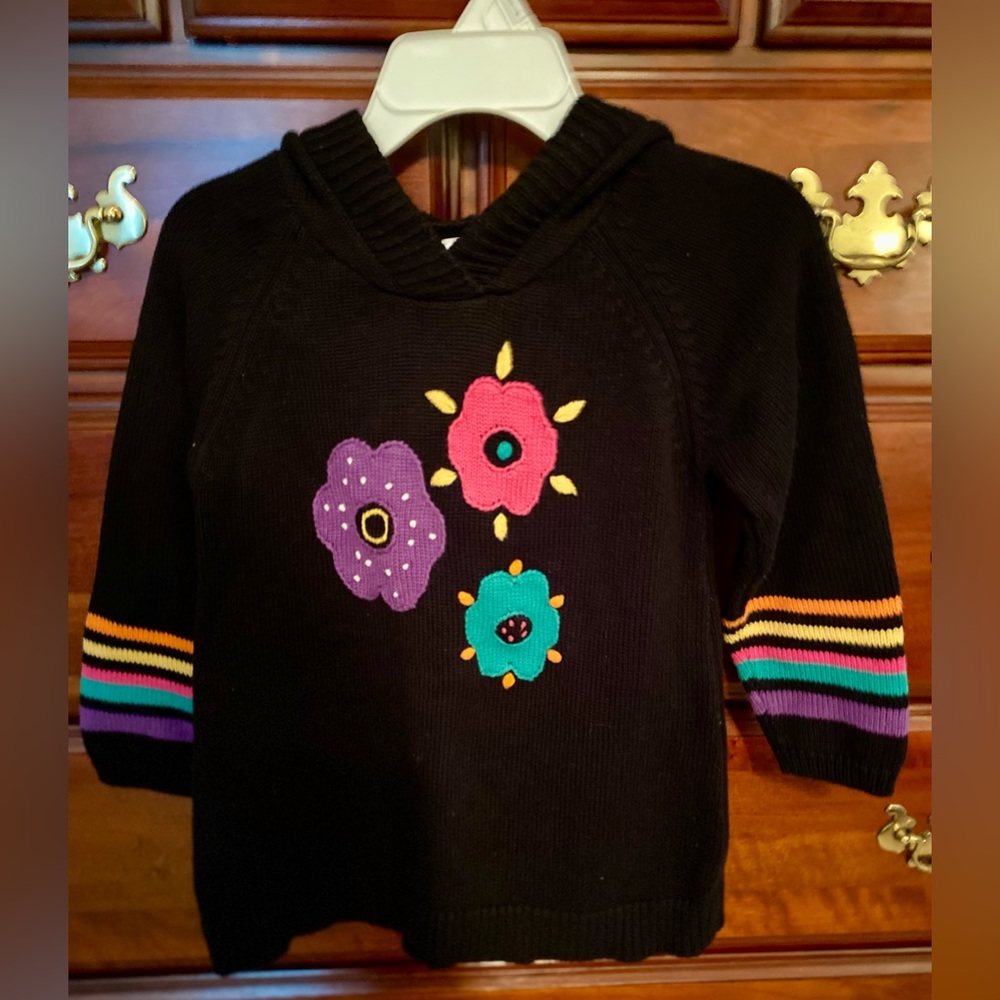 Hanna Andersson black sweater w/bright color flowers & stripes and hood